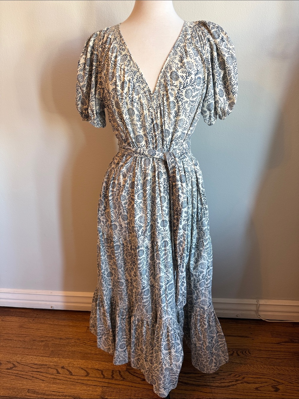 THE GREAT. Blue and Cream Floral Maxi Dress